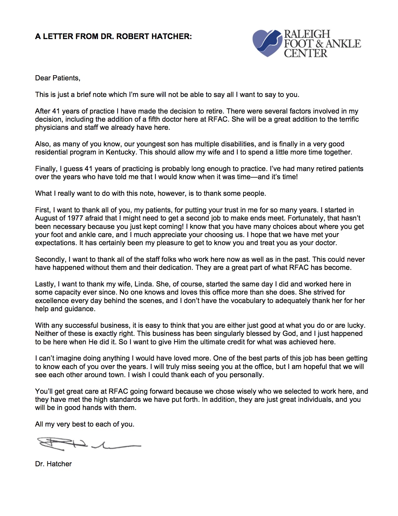 Dr. Hatcher Announces His Retirement Raleigh Foot & Ankle Center